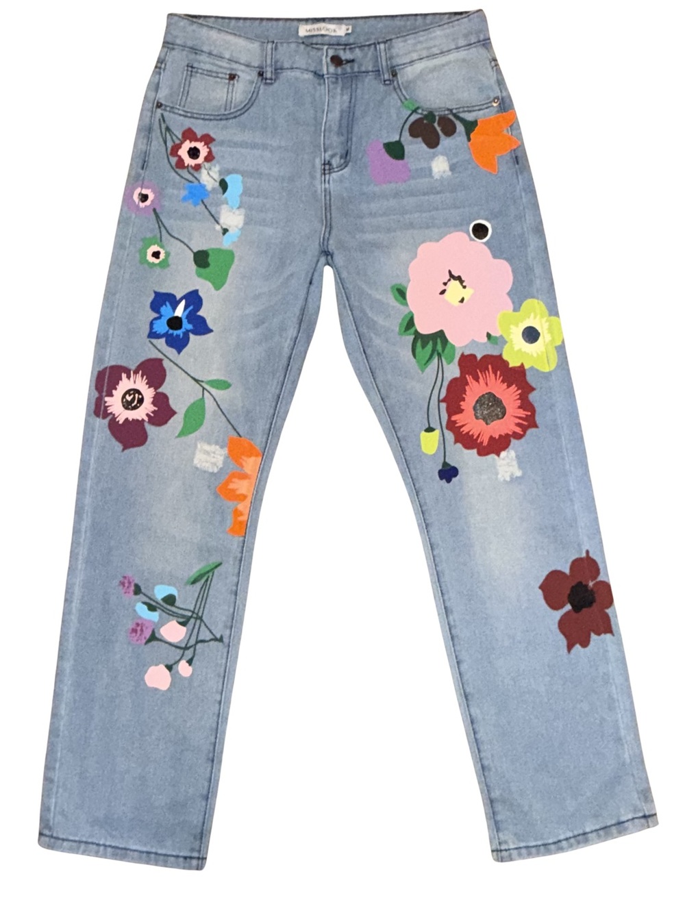 MISSLOOK Light Blue Straight Jeans with Multicolor Floral Appliqués